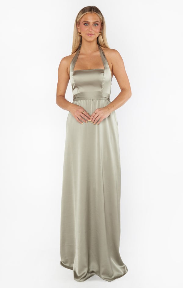 Show Me Your Mumu Faith Maxi Gown store in Moss Green Luxe Satin XXS