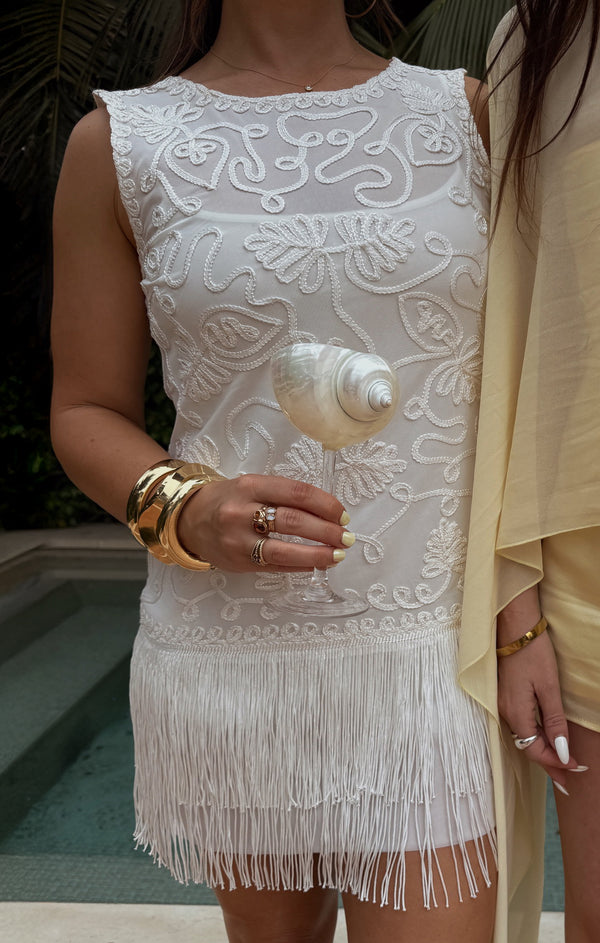 Cyrus Mini Dress, in White with Fringe, Size: Large | Show Me Your Mumu Cyrus Mini Dress, in White with Fringe, Size: Large | Show Me Your Mumu