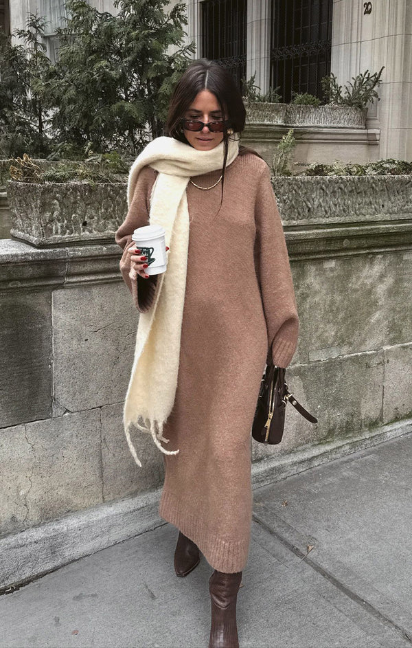 brown sweater dress Two-Piece Set - Sweater - Two-Piece Set It features a midi silhouette that is fitted through the body and straight from the hip down with a slit at the left hem. Burnt Orange Cable Knit Mini