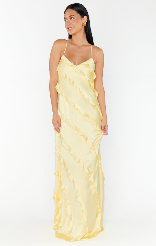 Romance Ruffle Dress ~ Pale Yellow Luxe Satin – Show Me Your Mumu Romance Ruffle Dress ~ Pale Yellow Luxe Satin – Show Me Your Mumu
