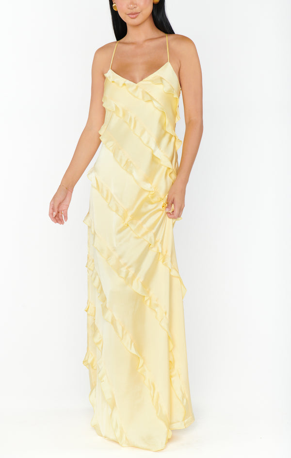 Romance Ruffle Dress ~ Pale Yellow Luxe Satin – Show Me Your Mumu Romance Ruffle Dress ~ Pale Yellow Luxe Satin – Show Me Your Mumu