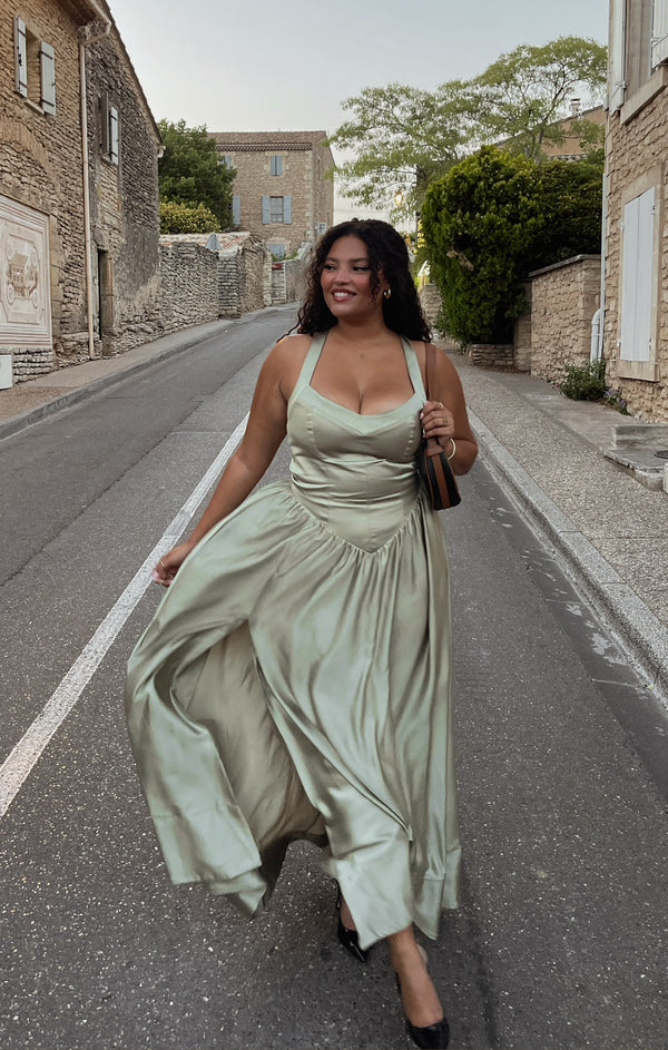 mtm green dress Abigail Maxi Dress, in Moss Luxe Satin, Size: Medium | Show Me Your Mumu Light Green Lace Flowers shoulder look or go Color:Silver Blue VENDOR COLOR-BANANA PALM