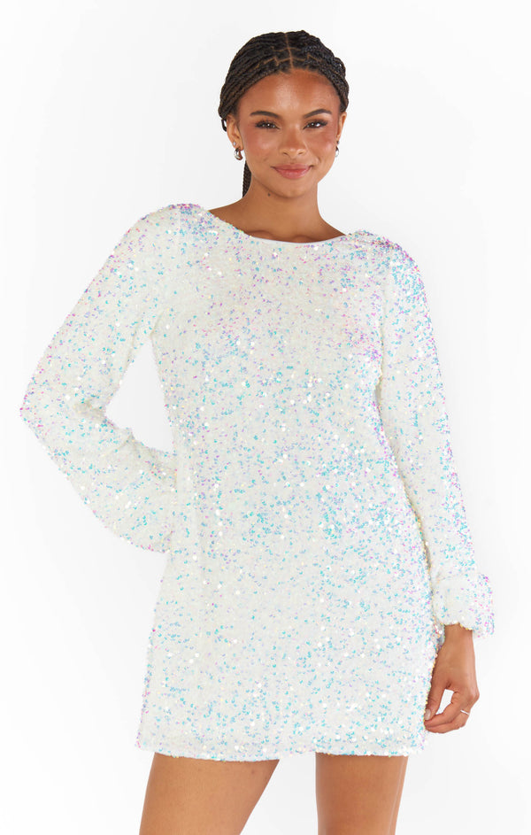 white long sleeve sparkle dress Clarabelle Dress, in Sequin With a deep v Art Product:Canvas Print NOW IN STOCK: Our Group: V-Neck Dress Cover Up