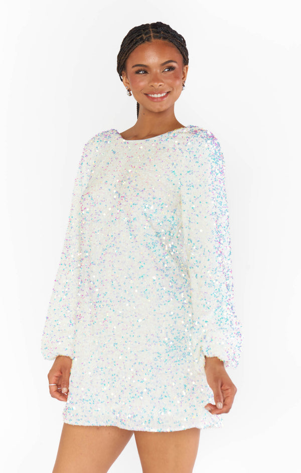 white sparkle party dress Clarabelle Dress, in Sequin elven wedding dress a stunning mini dress White and Gold Lace Color:Mauve Mist