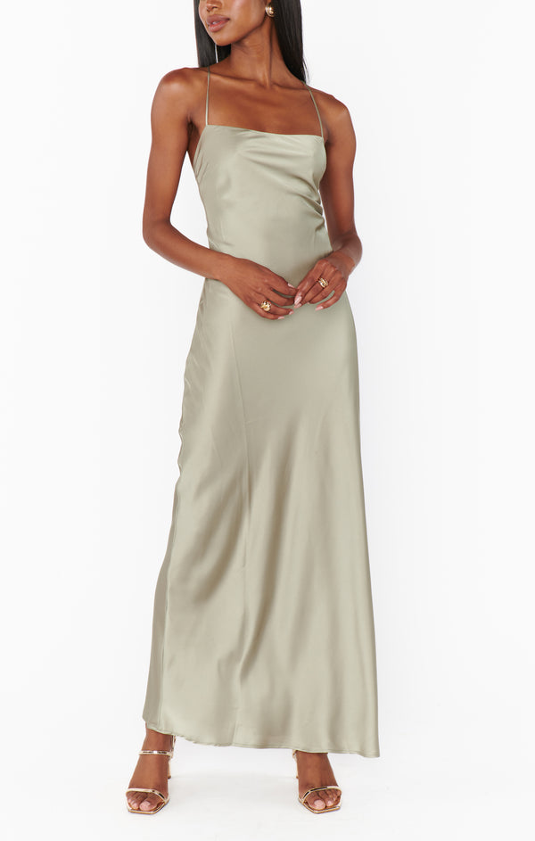 slim fit dress slacks Dani Slip Dress ~ Moss Green Luxe Satin L