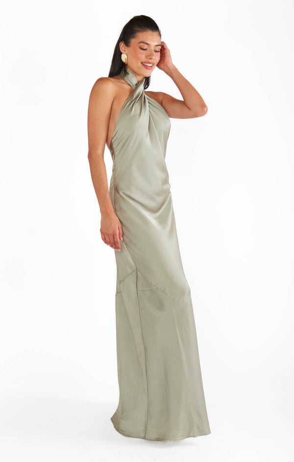 Jasmine Halter Maxi Dress ~ Moss Green Luxe Satin – Show Me Your Mumu