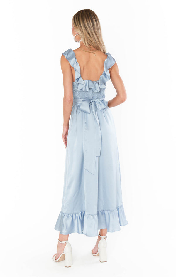 Alexis Midi Dress ~ Steel Blue Luxe Satin – Show Me Your Mumu