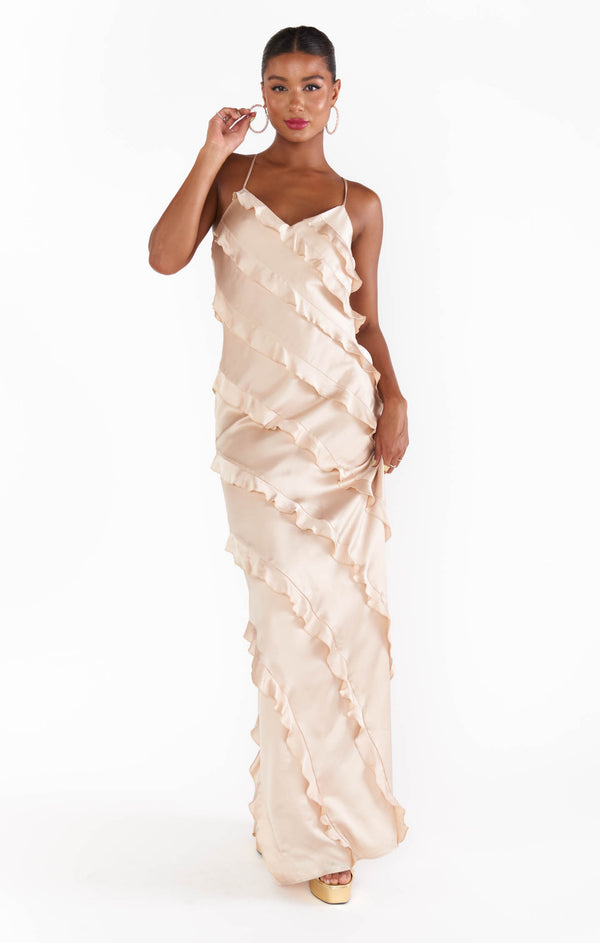 Romance Ruffle Dress ~ Champagne Luxe Satin – Show Me Your Mumu
