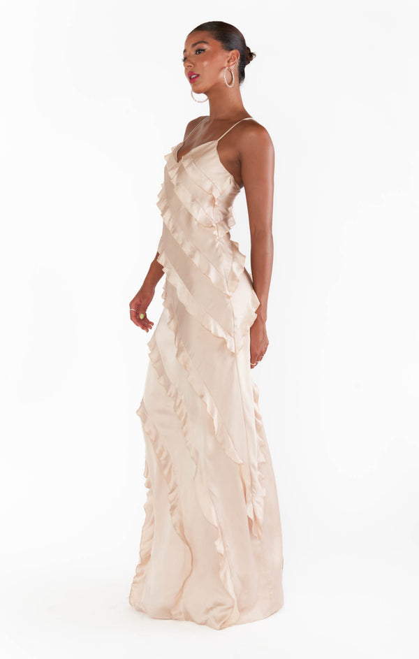 Romance Ruffle Dress ~ Champagne Luxe Satin – Show Me Your Mumu