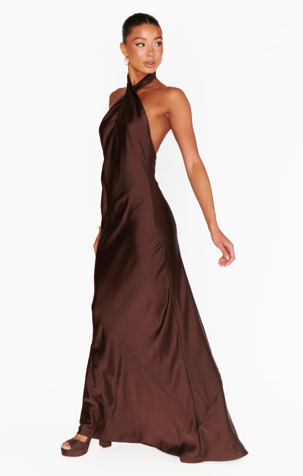 Jasmine Halter Maxi Dress ~ Chocolate Luxe Satin – Show Me Your Mumu