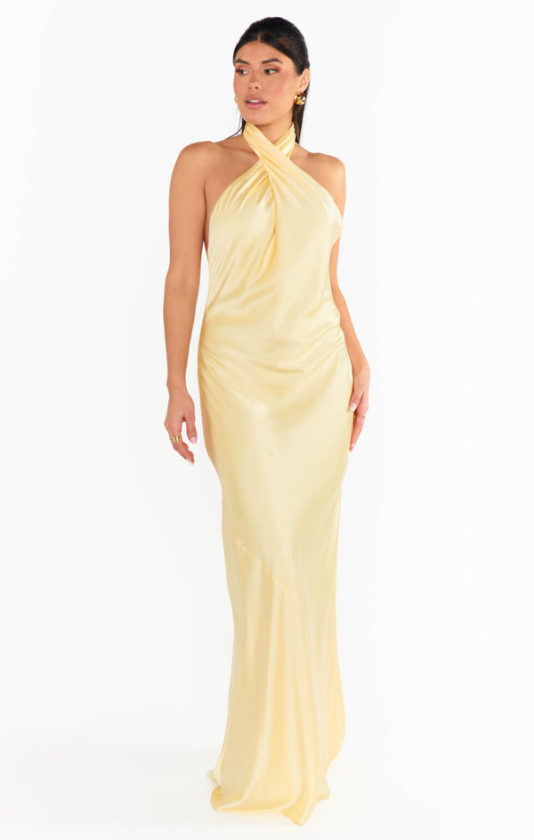 Jasmine Halter Maxi Dress ~ Pale Yellow Luxe Satin Show Me Your Mumu Jasmine Halter Maxi Dress ~ Pale Yellow Luxe Satin Show Me Your Mumu