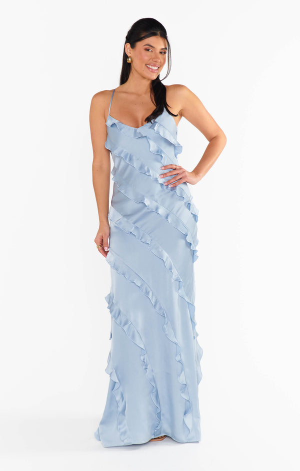 royal blue ruffle dress Romance Dress, in Steel Luxe Satin, Size: Medium | Show Me Your Mumu Ideal for evening party Color:Dark Navy USW312023MONDAY The Apron Dress. --
