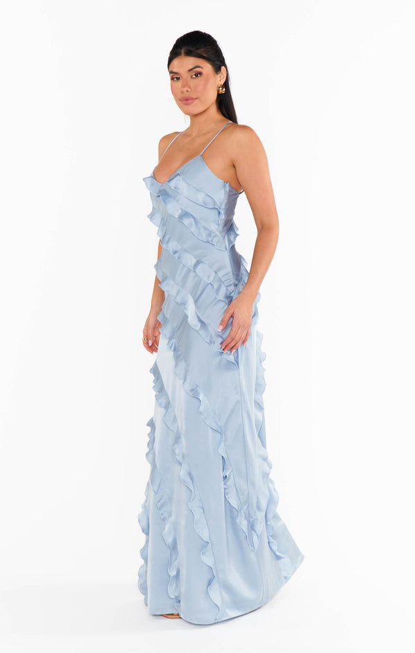 Romance Ruffle Dress ~ Steel Blue Luxe Satin – Show Me Your Mumu