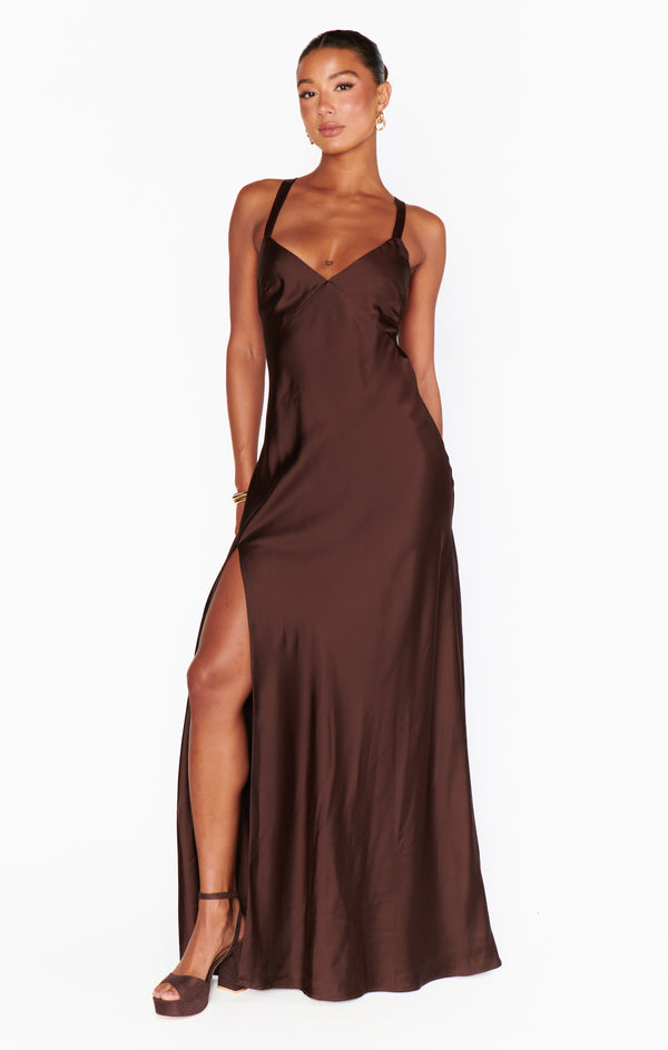 Anderson Maxi Dress, in Chocolate Luxe Satin, Size: Small | Show Me Your Mumu