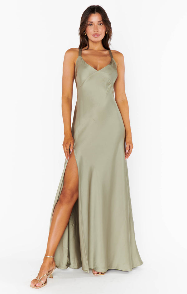 Anderson Maxi Dress ~ Moss Green Luxe Satin – Show Me Your Mumu
