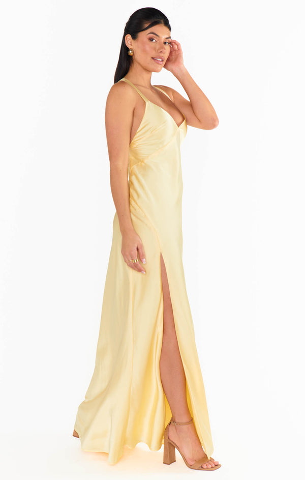 Anderson Maxi Dress ~ Pale Yellow Luxe Satin – Show Me Your Mumu