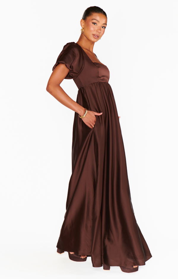Nora Maxi Dress ~ Chocolate Luxe Satin – Show Me Your Mumu