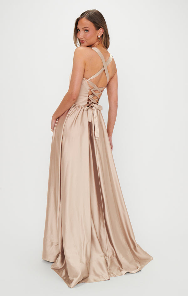 Abigail Maxi Dress, in Champagne Luxe Satin, Size: 2XL | Show Me Your Mumu