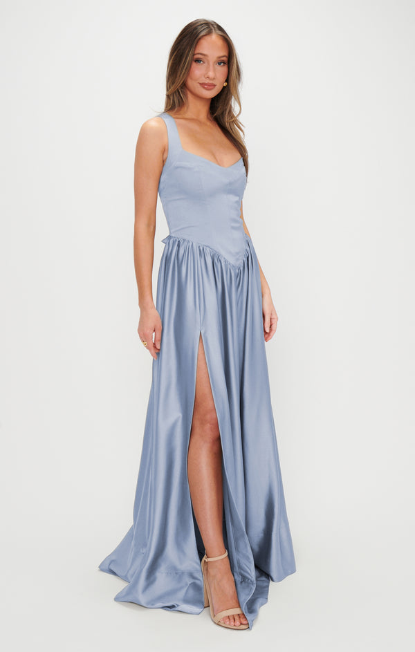 Abigail Maxi Dress, in Steel Blue Luxe Satin, Size: Small | Show Me Your Mumu