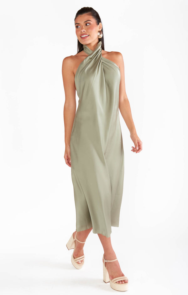 Jasmine Halter Midi Dress ~ Moss Green Luxe Satin – Show Me Your Mumu