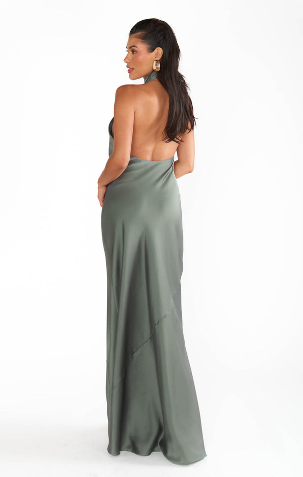 Jasmine Halter Maxi Dress, in Deep Sage Luxe Satin, Size: Medium | Show Me Your Mumu