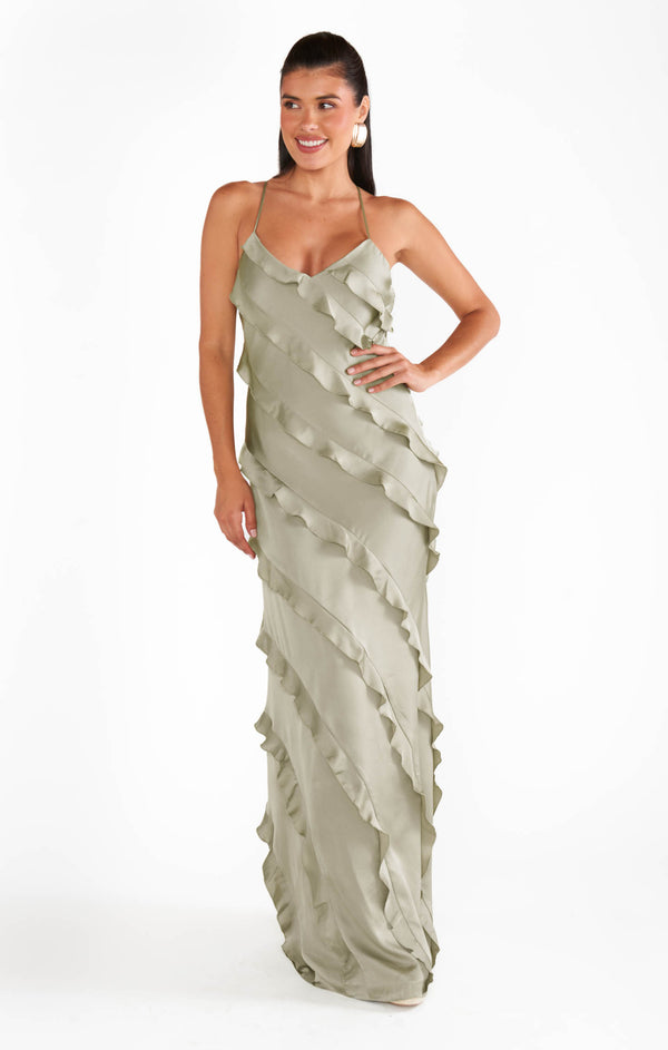 Romance Ruffle Dress ~ Moss Green Luxe Satin – Show Me Your Mumu