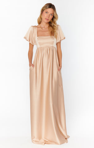 Nora Maxi Dress, in Champagne Luxe Satin, Size: Large | Show Me Your Mumu