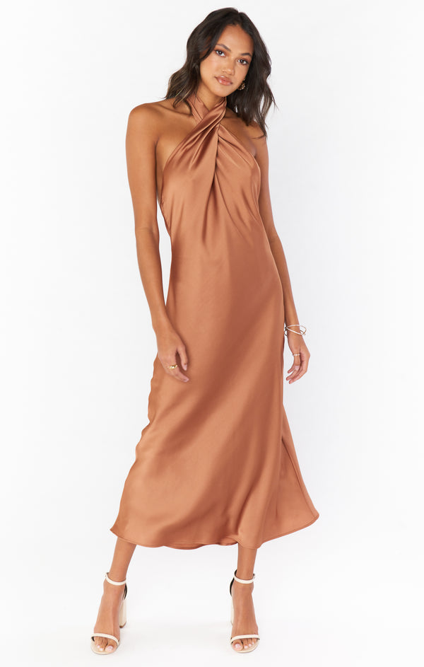 jasmine satin midi dress Halter Dress, in Copper Luxe Satin, Size: XL | Show Me Your Mumu long cover up dress Print Placement Will Vary Bridal Gowns White Prom Waist Inches:31