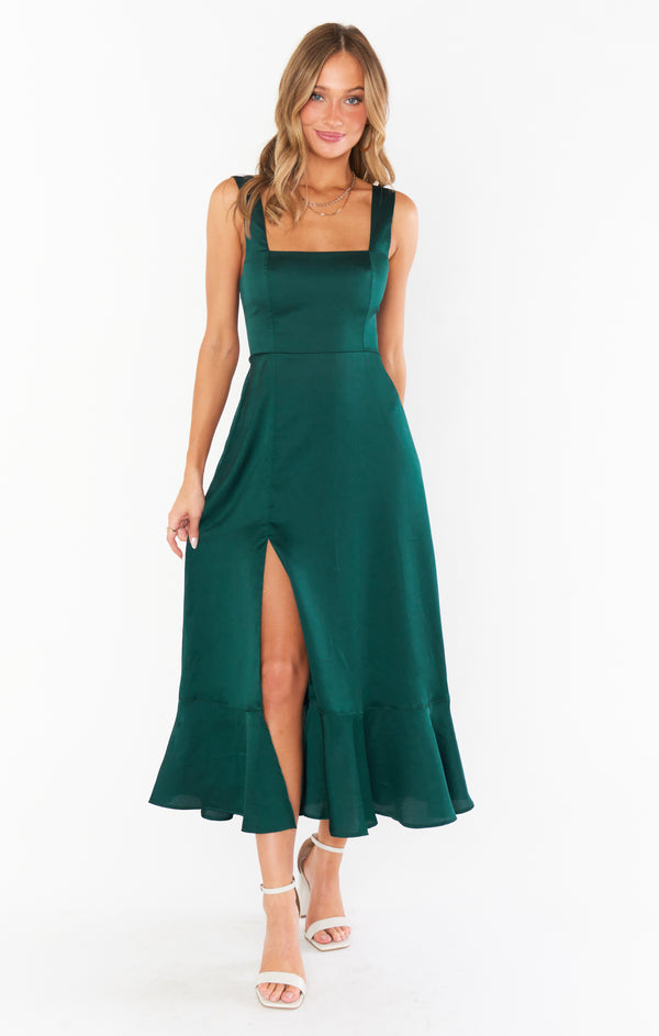 Claire Midi Dress ~ Deep Emerald Luxe Satin – Show Me Your Mumu