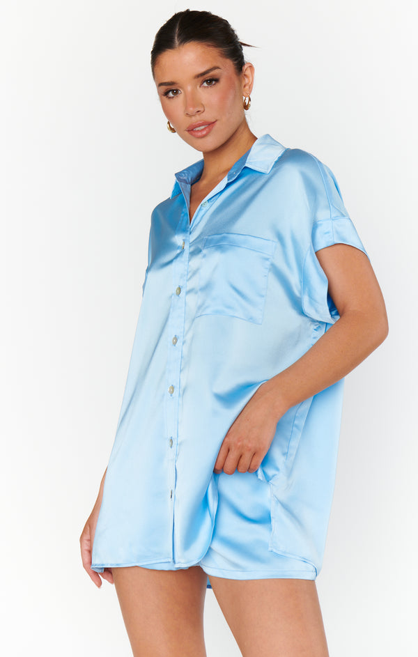 Glam Time Shorts ~ Baby Blue Luxe Satin – Show Me Your Mumu