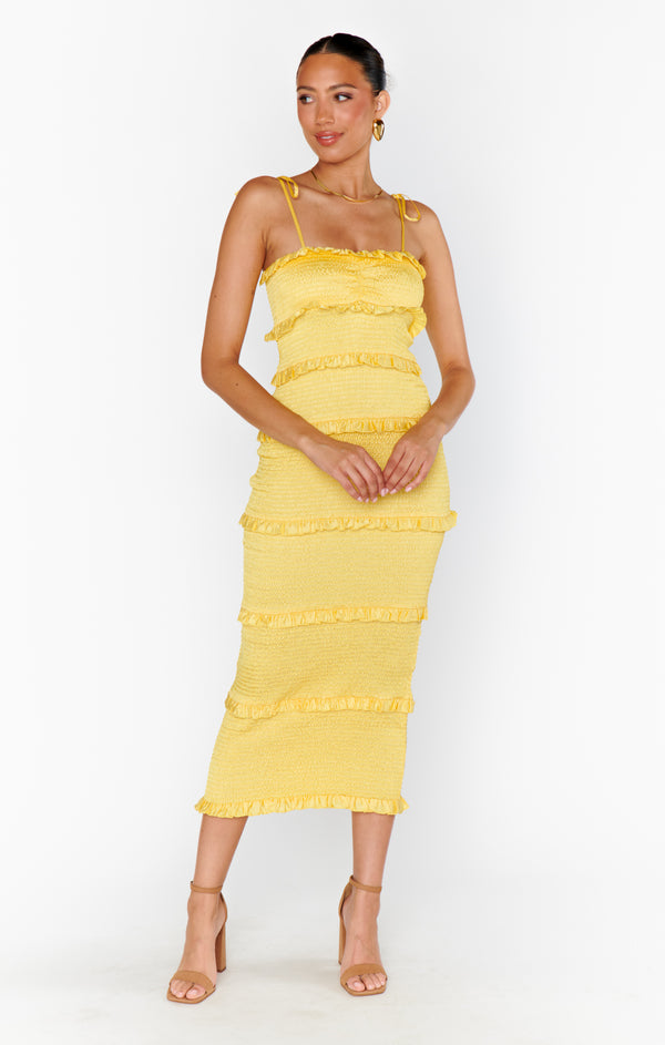 Stella Smocked Dress ~ Yellow Luxe Satin – Show Me Your Mumu