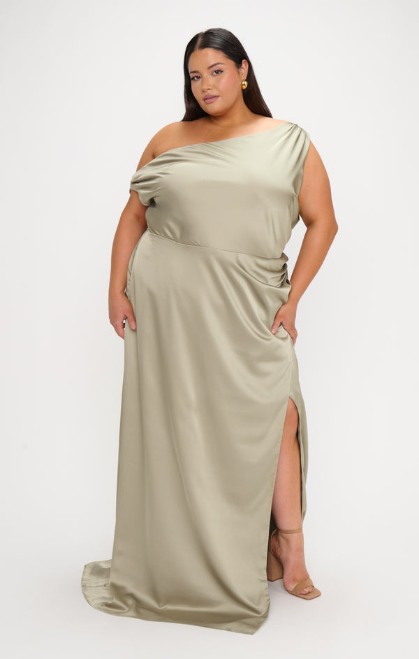 Jodie Dress, in Moss Green Luxe Satin, Size: Small | Show Me Your Mumu