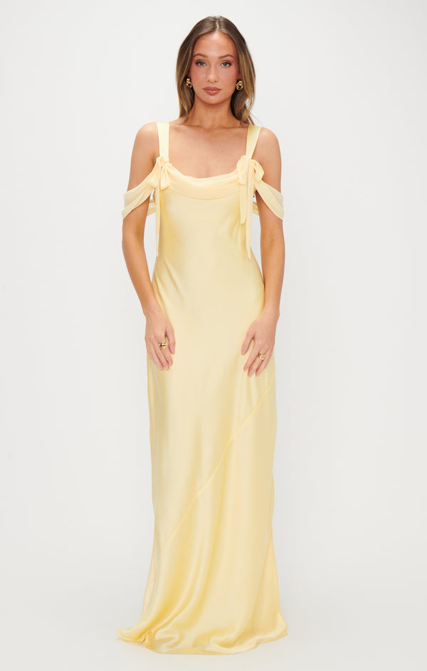 Bella Maxi Dress, in Pale Yellow Luxe Satin, Size: XS | Show Me Your Mumu