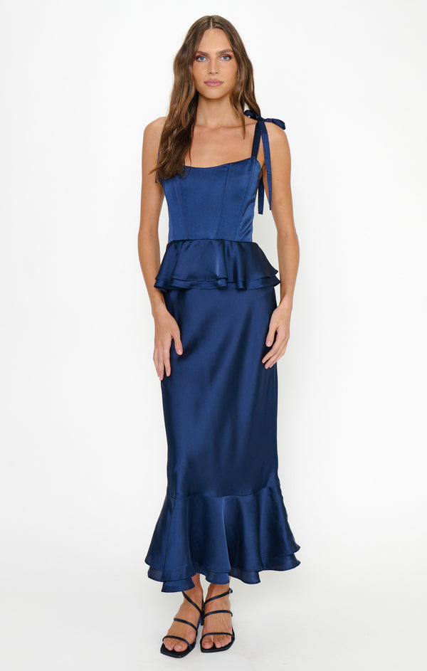 Pauline Peplum Dress ~ Midnight Navy Luxe Satin – Show Me Your Mumu