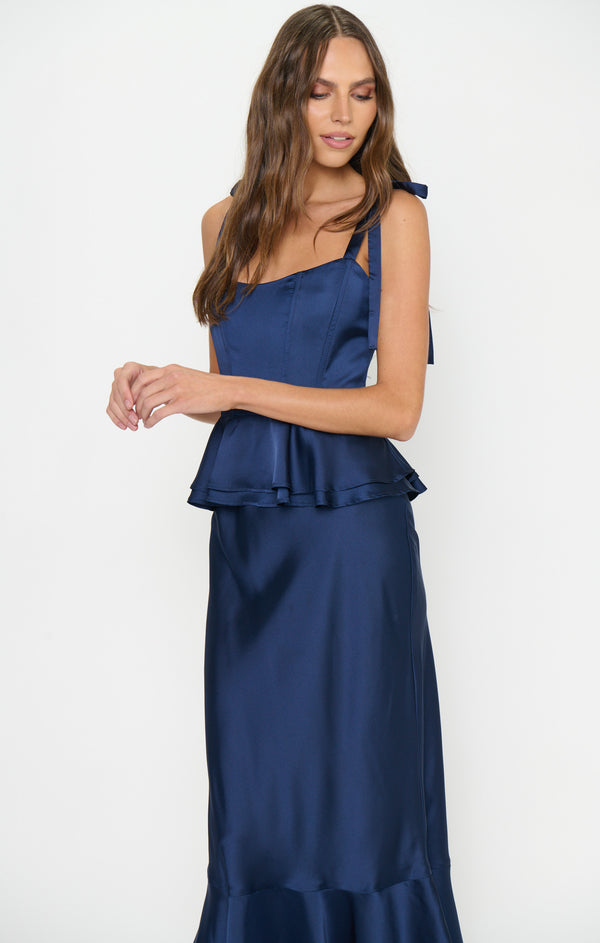 peplum bridesmaid dress Pauline Dress, in Midnight Navy Luxe Satin, Size: 2XL | Show Me Your Mumu color:Oasis Elegance redefined in Marsoni Maternity Gown Dashing Diva Magic Press