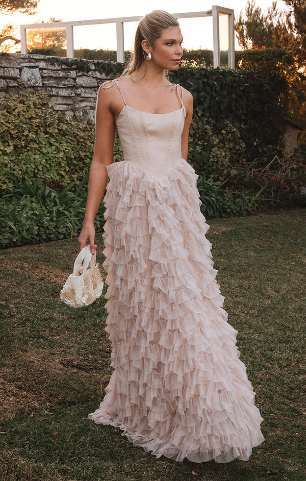 Francesca Maxi Dress, in Champagne Tulle Ruffle, Size: Large | Show Me Your Mumu | Bridesmaid Dresses & Wedding Attendee Dress Francesca Maxi Dress, in Champagne Tulle Ruffle, Size: Large | Show Me Your Mumu | Bridesmaid Dresses & Wedding Attendee Dress
