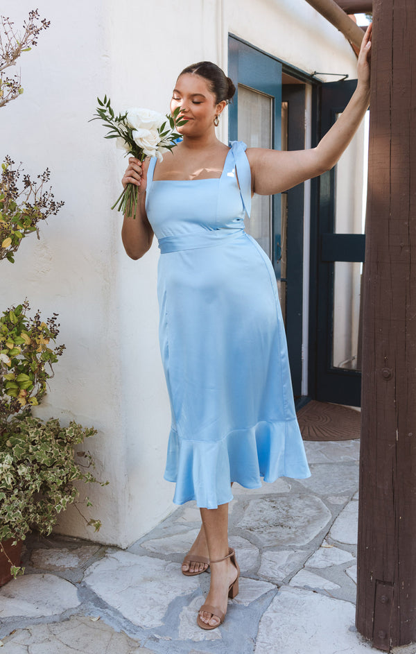 Garden Midi Dress, in Baby Blue Luxe Satin, Size: Small | Show Me Your Mumu
