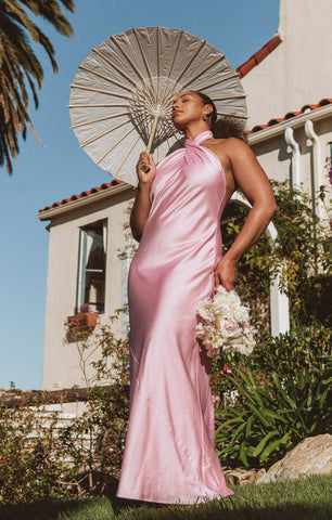 Jasmine Halter Maxi Dress, in Light Pink Luxe Satin, Size: XS | Show Me Your Mumu