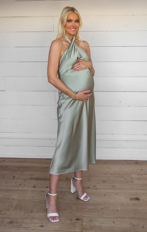 Jasmine Halter Midi Dress ~ Moss Green Luxe Satin – Show Me Your Mumu