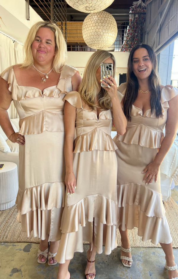 Reese Ruffle Dress ~ Champagne Luxe Satin – Show Me Your Mumu Reese Ruffle Dress ~ Champagne Luxe Satin – Show Me Your Mumu
