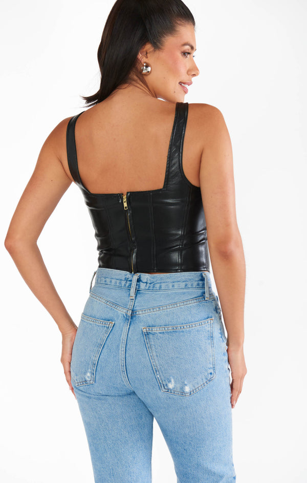 FAUX PU SLASHED CORSET TOP / BLK DENIM