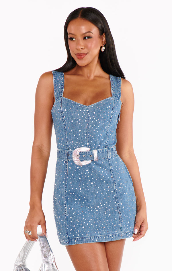 Vegas Mini Dress ~ Embellished Rhinestone Denim – Show Me Your Mumu
