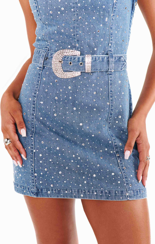 Vegas Mini Dress ~ Embellished Rhinestone Denim – Show Me Your Mumu