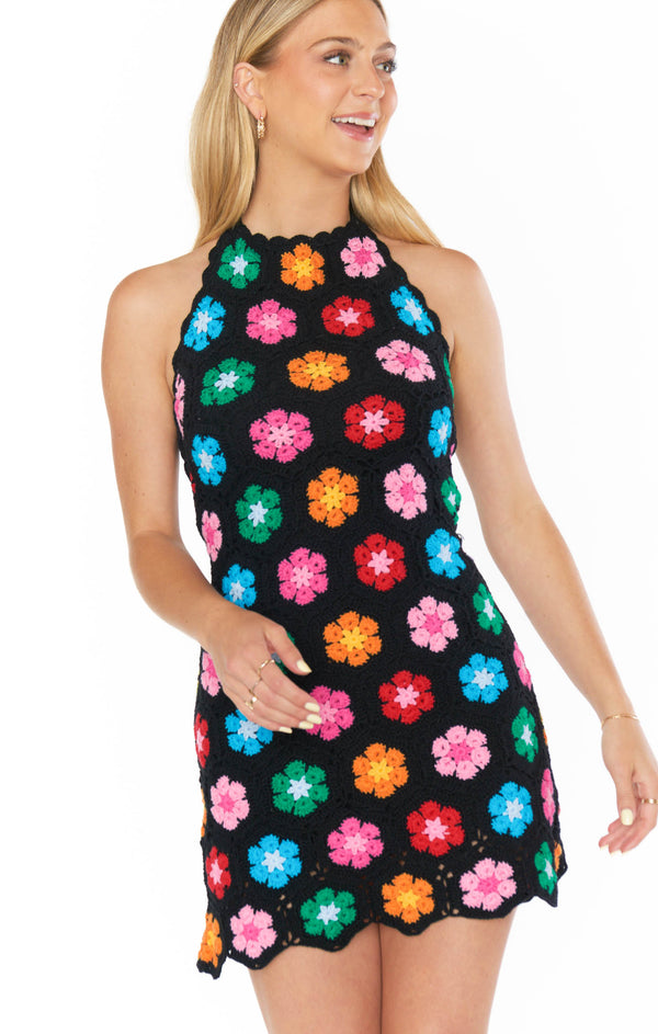Happy Halter Mini Dress ~ Multi Black Flower Crochet – Show Me Your Mumu