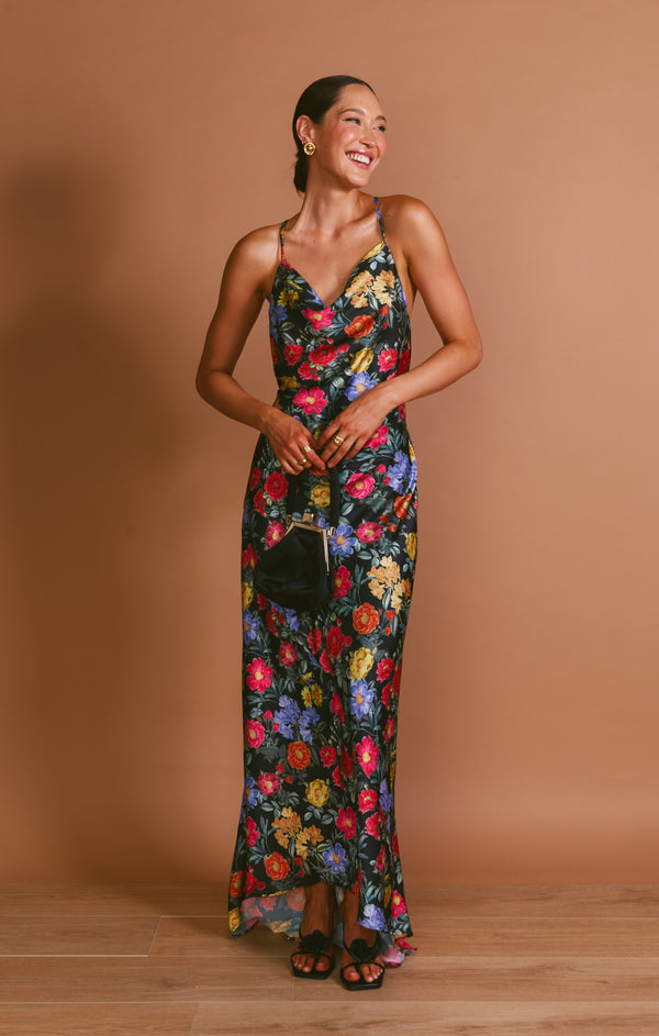 Hailey Slip Dress ~ Charm Peony Black Luxe Satin – Show Me Your Mumu