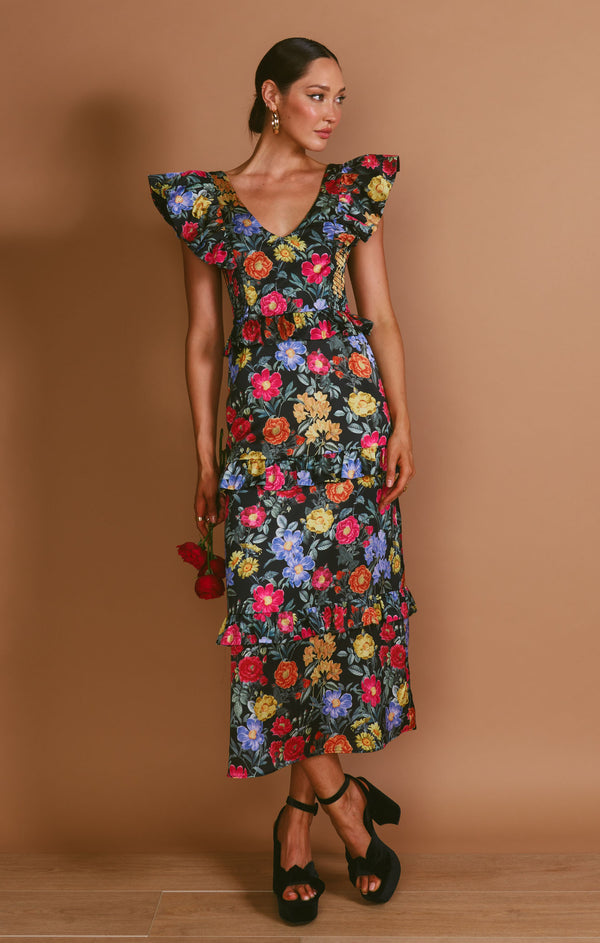 Lindsay Midi Dress Charm Peony Black Luxe Satin Show Me Your Mumu