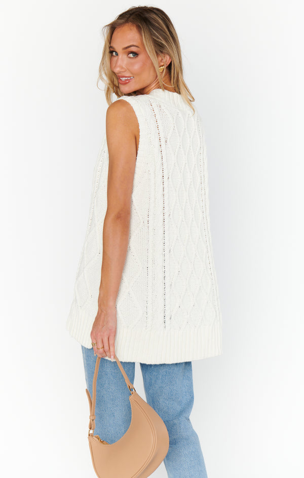 Ladies Sleeveless Scallop Front Tie Sweater Vest-Cream main image 1