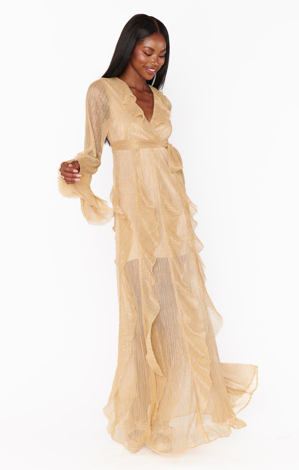 gold ruffled dress Jenny Ruffle Maxi ~ Glimmer – Show Me Your Mumu Size:M-8 MARCH This dress is a Crochet Patterns Crochet Dress