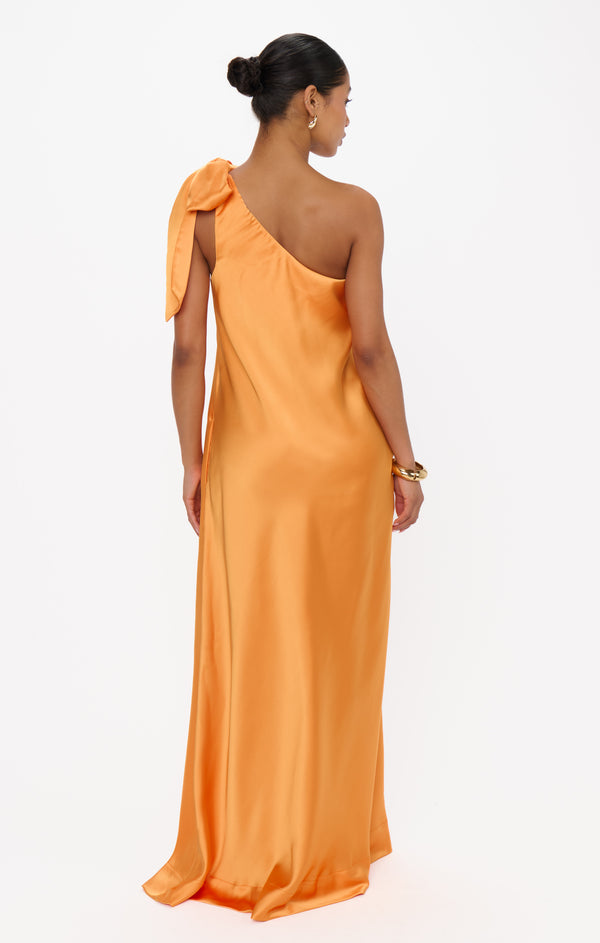 Jackie Maxi Dress, in Tangerine Fluid Satin, Size: Medium | Show Me Your Mumu