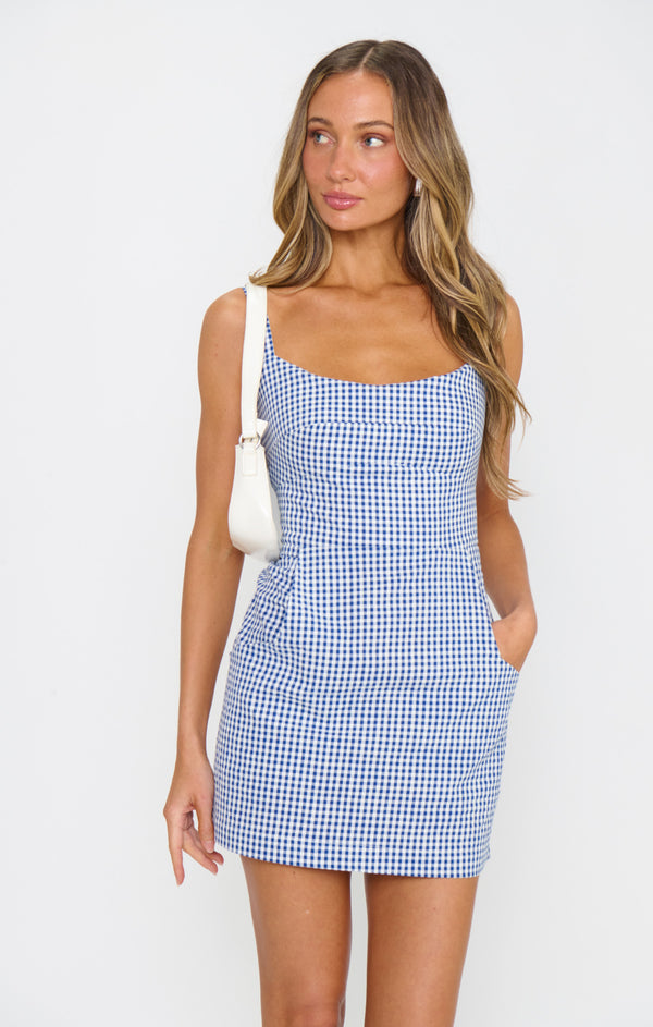 show me your mumu brown gingham dress Emery Mini Dress, in Navy Gingham, Size: XL The Meester Mini features